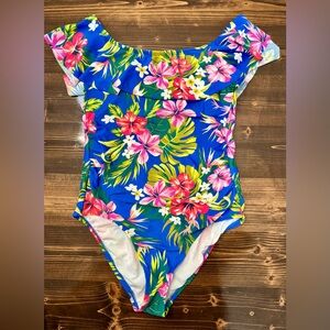 Kona Sol Blue Floral Ruffle Shoulder One Piece Swimsuit